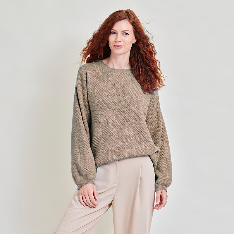 Kayla 4 Ply Cashmere Checkered Crew