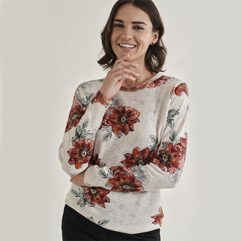 Poinsettia Printed Cashmere Crew Neck
