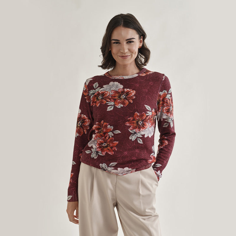 Poinsettia Printed Cashmere Crew Neck