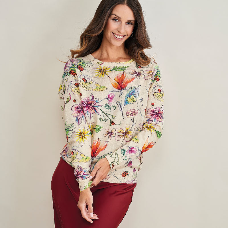 Kew Floral Printed Cashmere Crew