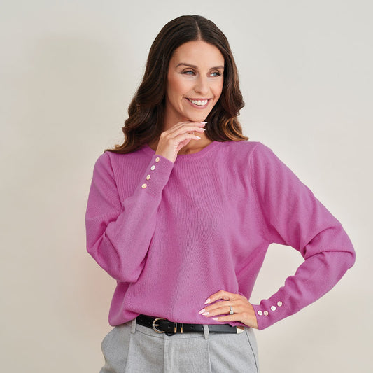 Nellie Button Cuff Cashmere Crew