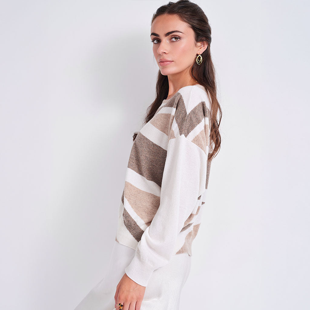 A woman wearing a knit sweater with diagonal stripes in beige, brown, and white, paired with white trousers, photographed against a plain light gray studio background.
