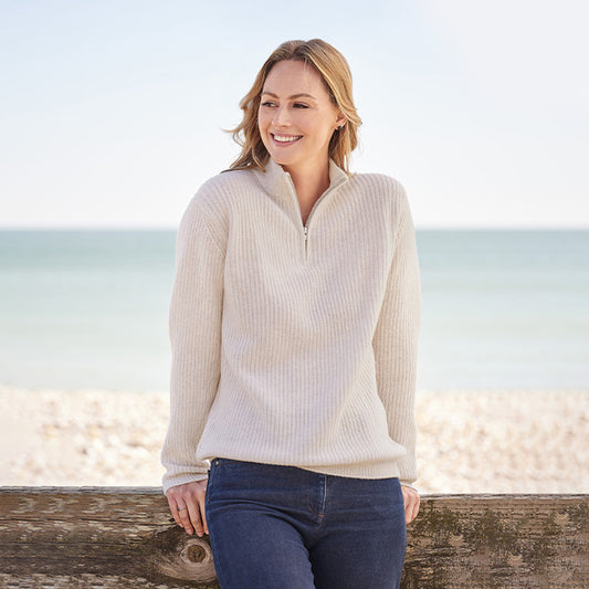 Winnie Cashmere 4 Ply Rib Zip Neck